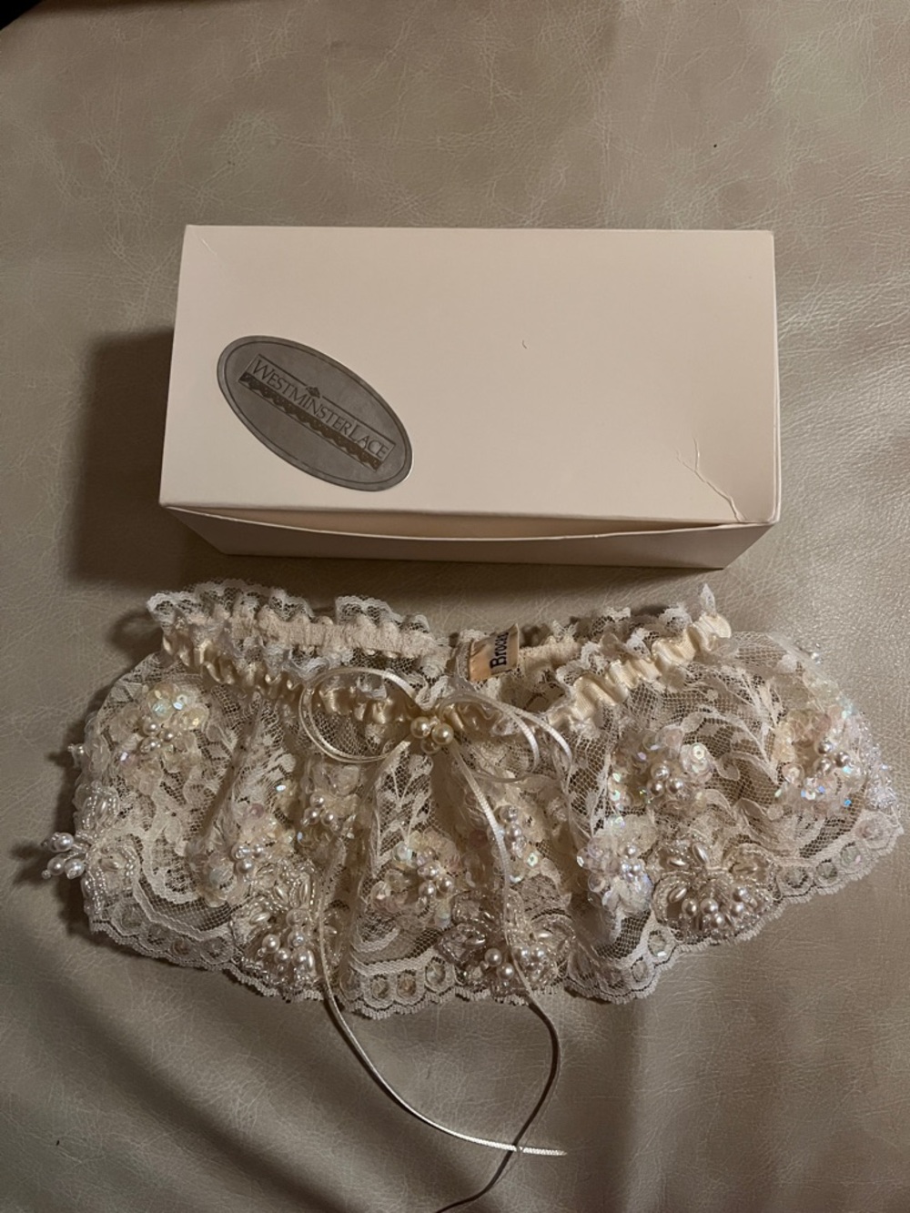 Westminsterlace Vintage Ivory Lace Bridal Garter with Pearls & Sequins